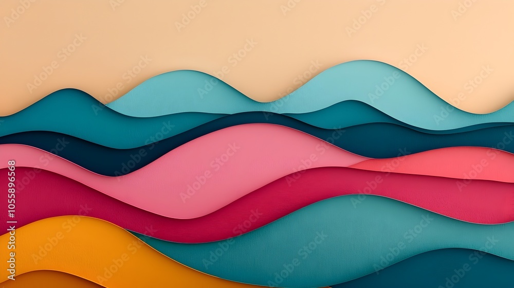 Poster vibrant 3d paper cut landscape with layered hills and valleys in a striking abstract digital art com