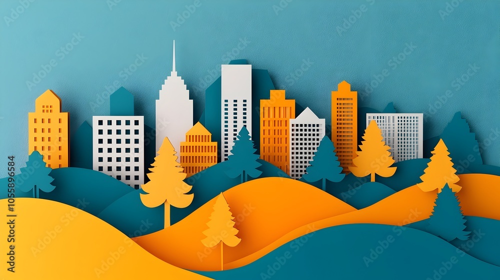 Leinwandbilder Stunning paper cut style 3D cityscape with layered buildings and trees creating a sense of depth and dimension  Minimalist urban architecture and nature inspired design in a modern digital