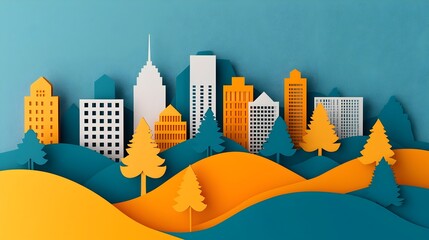 Stunning paper cut style 3D cityscape with layered buildings and trees creating a sense of depth and dimension  Minimalist urban architecture and nature inspired design in a modern digital