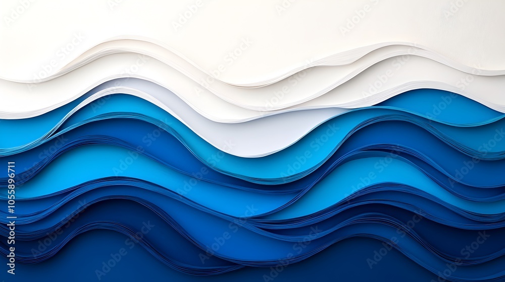 Fototapete Stunning 3D paper cut ocean waves design with layered gradients seamlessly blending shades of blue and white creating a dynamic and modern abstract seascape effect