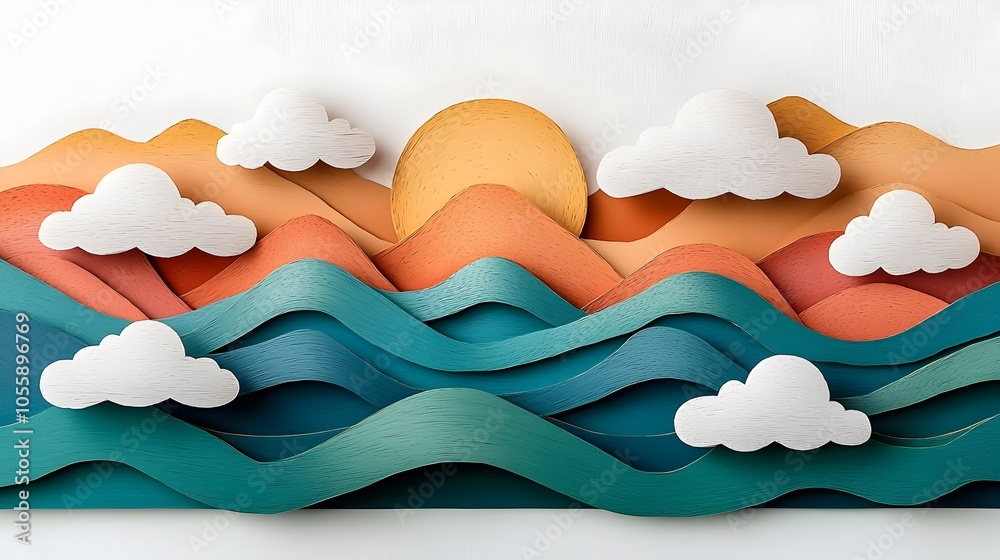 Aufkleber serene landscape created with layered 3d paper cut mountains and wispy clouds in natural earthy colo