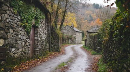 A forgotten road in a small village, with crumbling stone walls and ivy covering the surrounding buildings