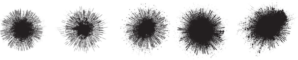 Collection of ink splashes for explosion effect .Set of Black Spray paint effect  .fireworks Explosion background . Starburst. Spray paint splashes . Sunburst effect .Radial lines and grainy particles