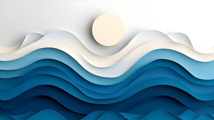 Captivating 3D paper cut ocean waves featuring layered gradients that blend shades of blue and white creating a dynamic and mesmerizing visual effect
