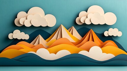 Tranquil Layered 3D Paper Cut Mountains and Clouds Forming a Peaceful and Minimalist Scenic Landscape  Digital with Natural Colors and Geometric Shapes