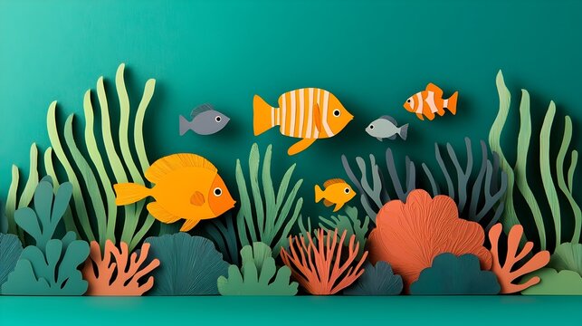 Vibrant and Colorful Underwater 3D Paper Cut Style Scene Featuring Diverse Marine Life Such as Fish Coral and Lush Sea Plants in a Captivating Aquatic Environment