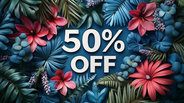 Brighten up your marketing with this tropical 50% OFF sale image. Perfect for showcasing discounts and offers in a vibrant, eye-catching style!
