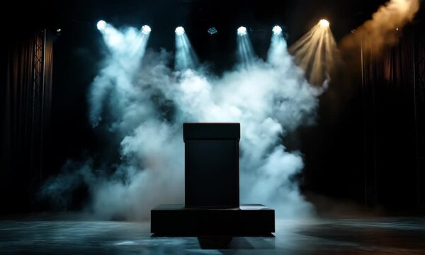 A spotlighted podium surrounded by fog, creating a dramatic atmosphere for presentations or performances.