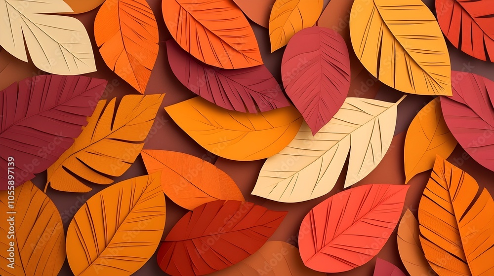 Poster Warm layered 3D paper cut autumn leaves backdrop in natural colors  Artfully arranged cutout leaves create a sense of depth and falling foliage
