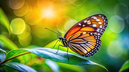 Natural bokeh background with butterfly resting on a leaf in macro shot