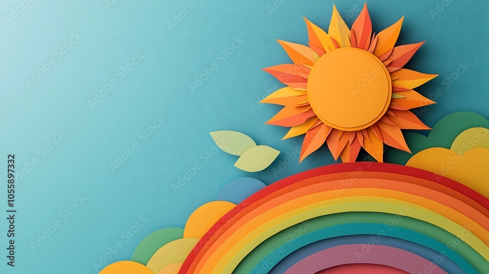 Aufkleber vibrant 3d paper cut sun and rainbow scene with playful layered shapes and bright cheerful colors cr
