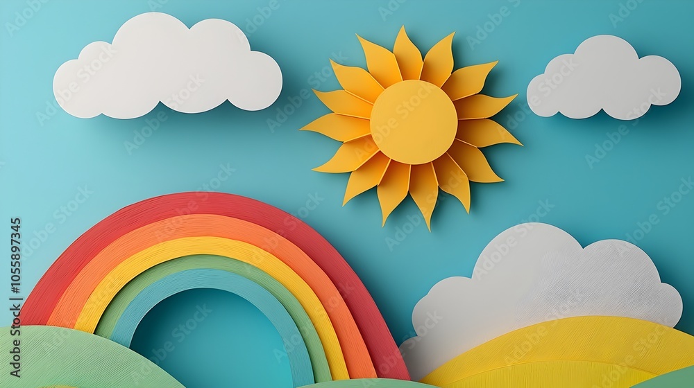 Poster Vibrant 3D Paper Cut Sun and Rainbow Scene with Playful Layers and Bright Colors Creating a Joyful Atmosphere  Abstract Digital in Colorful Gradient and Geometric Shapes