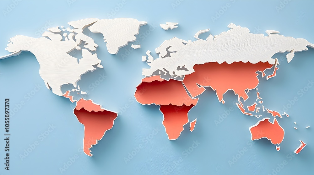 Poster layered 3d paper cut styled world map with varying depths highlighting countries and continents on a