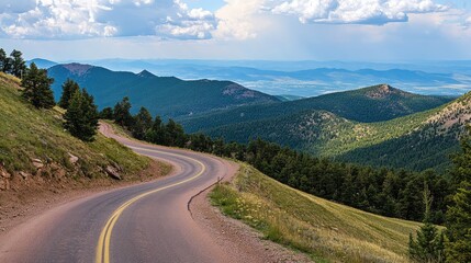 Fototapeta premium A high-elevation mountain road with switchbacks winding sharply up the slope, offering panoramic views of the distant peaks