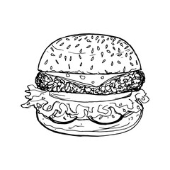 Fast food Vector doodle image. Burger with double cutlet and cheese, unhealthy snack, not healthy lifestyle. Delicious food drawn by hand.