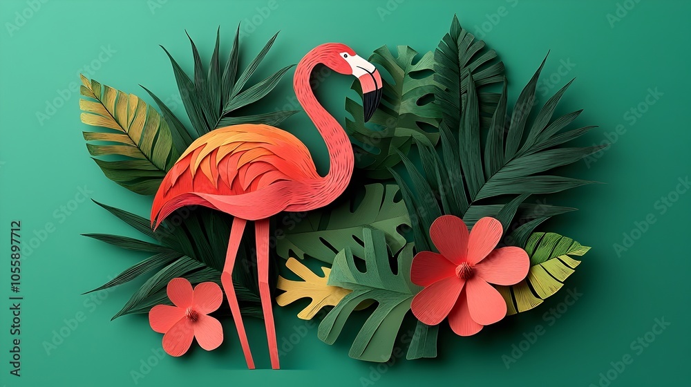 Aufkleber and intricate 3d paper cut flamingo surrounded by vibrant tropical plants creating a stunning and ca