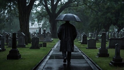 a sad man holding umbrella in a funeral ai gen