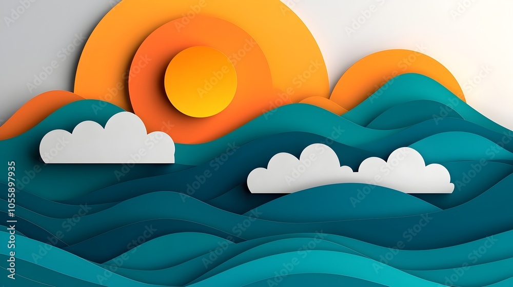 Aufkleber serene 3d paper cut style sky with layered clouds and a setting sun blending warm and cool tones to 