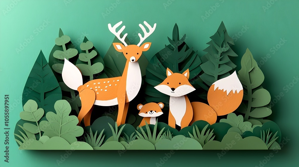 Aufkleber whimsical and playful layered 3d paper cut forest animals in a natural scenic setting creating a fun