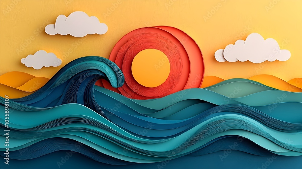 Poster Visually striking 3D paper cut waves arranged in a circular motion with bold and vibrant colors that convey a sense of energy movement and dynamic harmony