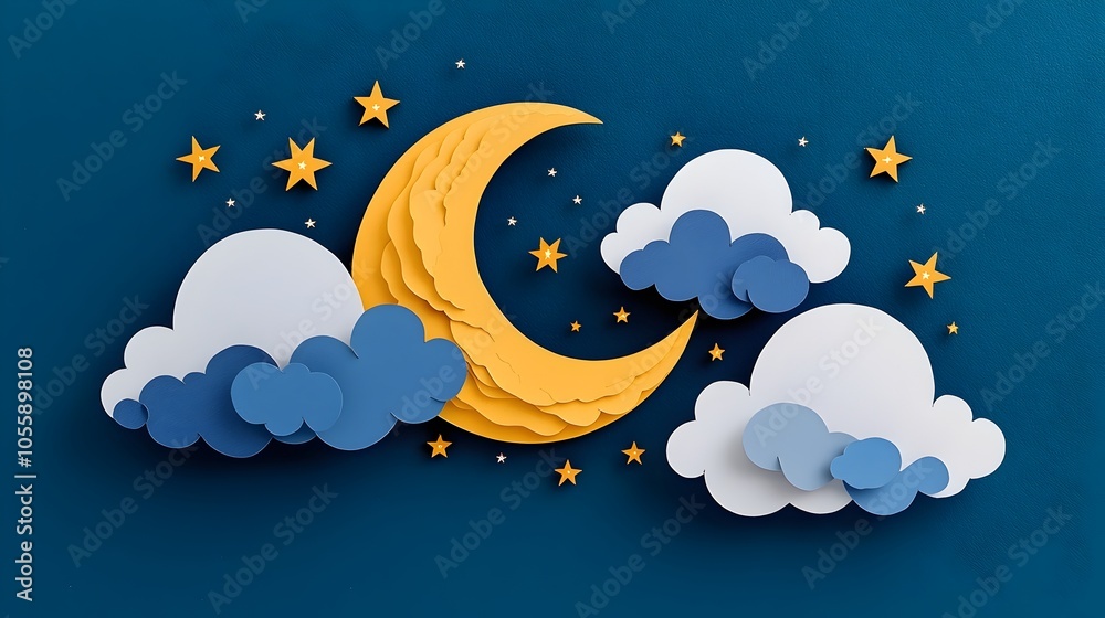 Poster Peaceful and Serene Dreamy 3D Paper Cut Moon and Clouds with Twinkling Stars Creating a Tranquil Nighttime Landscape Composition