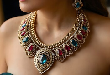 Close up of luxurious exquisite vintage luxury necklace decorated with intricate gold patterns and elegant gemstones, jewelry, accessory, fashion