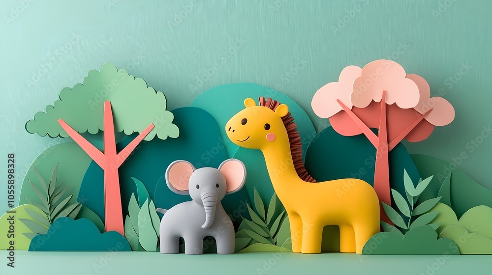 Aufkleber playful 3d clay animals nestled in a vibrant layered paper cut jungle scene with geometric shapes an