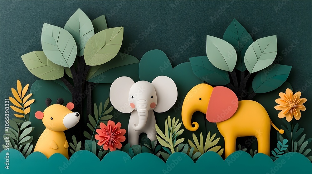 Aufkleber playful 3d clay animal figures in a vibrant paper cut jungle scene with layered trees and a whimsica