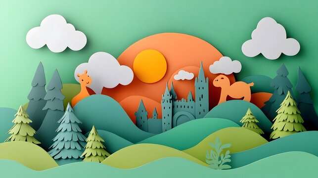 Adorable 3D clay cartoon characters in a beautifully crafted paper cut fantasy landscape featuring enchanting castles magical creatures and a whimsical imaginative atmosphere