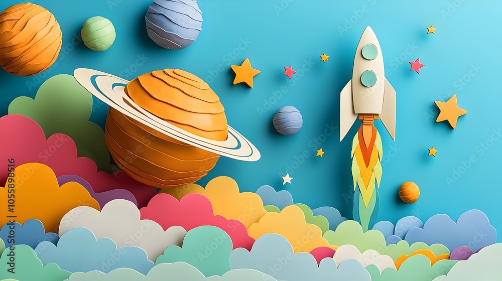 Poster Whimsical 3D clay planets and stars in a paper cut outer space scene with a rocket soaring through colorful cloud layers of an imaginary cosmic landscape