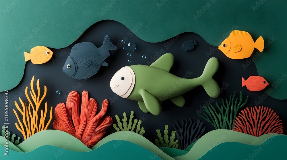 Aufkleber captivating digital depicting playful 3d clay underwater creatures swimming in a vibrant paper cut o