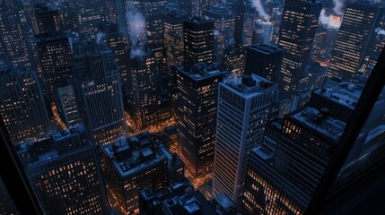 A High-Angle View of a City Skyline at Night, Illuminated by Streetlights and Windows