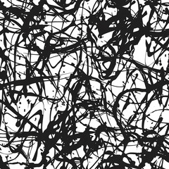 Obraz premium Abstract black and white texture featuring chaotic splatters and lines, creating a dynamic and energetic visual.