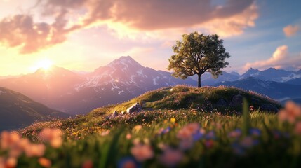 Fototapeta premium A serene sunset over rolling hills with a solitary tree surrounded by colorful wildflowers in a mountainous landscape