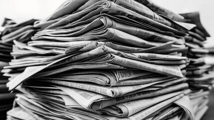 Large stack of folded newspapers in black and white, showcasing a textured and layered arrangement, representing traditional media and printed news distribution.