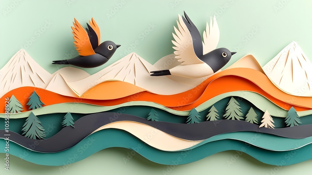 Poster whimsical of a flock of three dimensional clay birds gracefully flying over a layered paper cut land