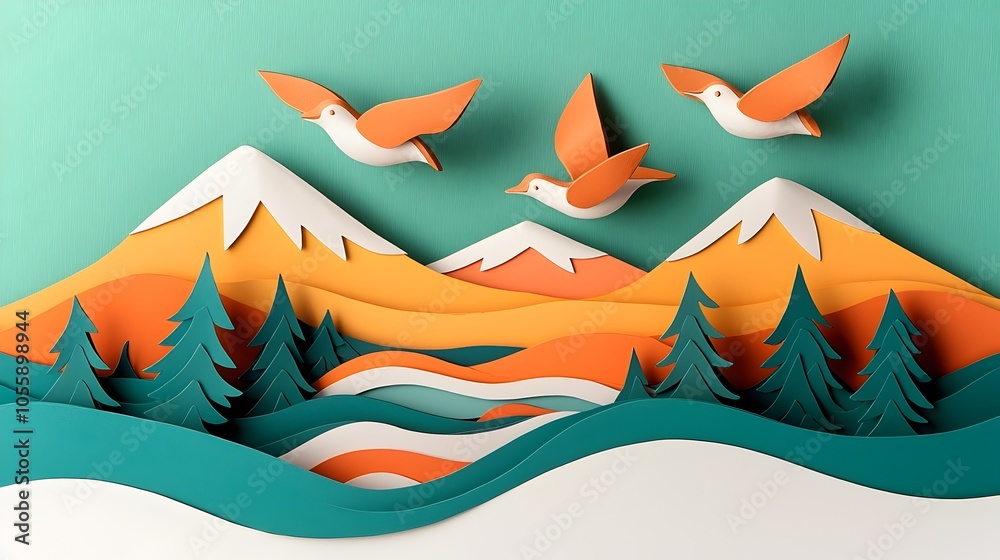 Poster Whimsical 3D clay birds gracefully flying over a layered paper cut landscape featuring mountains rivers and lush trees  This digital evokes a sense of tranquility and wonder in a modernistic