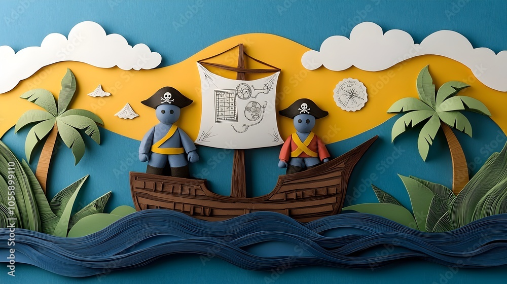 Poster Adventurous 3D Clay Pirates Sailing on a Layered Paper Cut Ship through the Ocean and Islands with Treasure Maps  Whimsical Fantasy of a Nautical Adventure