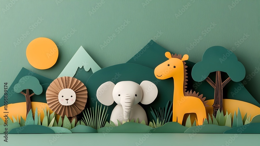 Aufkleber vibrant 3d clay jungle animals playfully interacting in a layered paper cut savannah landscape with 