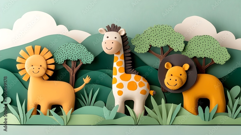 Aufkleber whimsical and vibrant 3d clay jungle animals including elephants giraffes and lions set in a layered