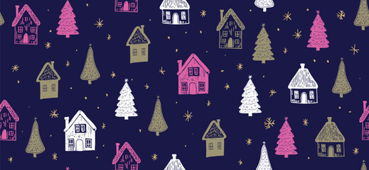Fototapeta premium Christmas houses with tree pattern on blue