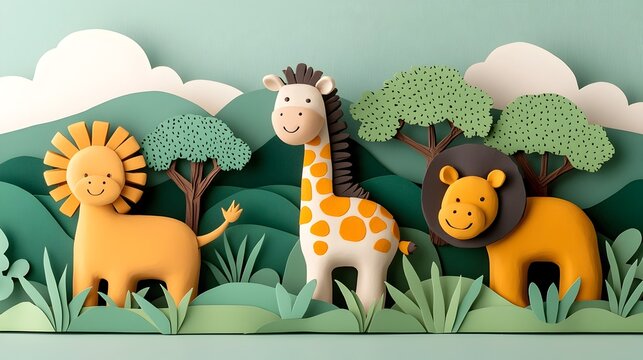 Whimsical and vibrant 3D clay jungle animals including elephants giraffes and lions set in a layered paper cut savannah landscape with trees and mountains in the background