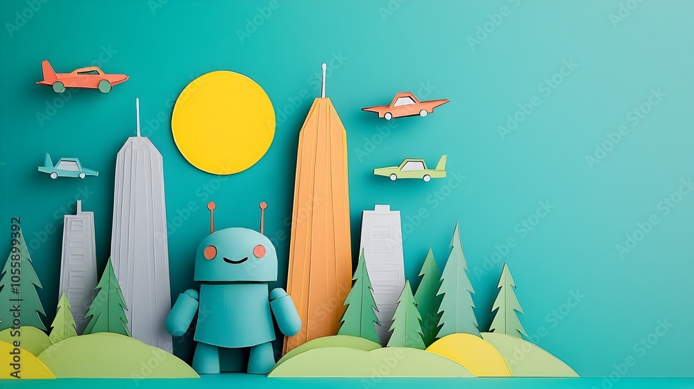 Poster Cute 3D clay robots interacting in a surreal futuristic paper cut city landscape with flying cars hovering above tall stylized skyscrapers  This digital has a whimsical minimalist