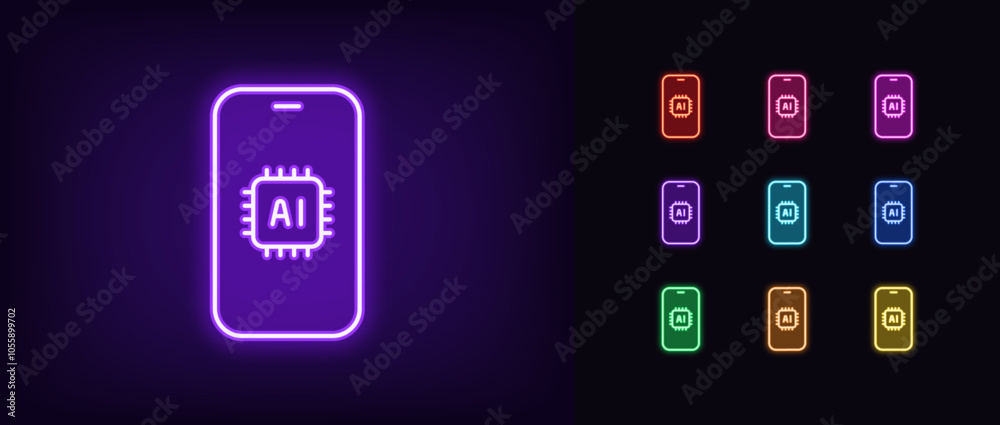 Poster outline neon ai phone icon set. glowing neon smartphone with inbuilt ai features, integrated assista