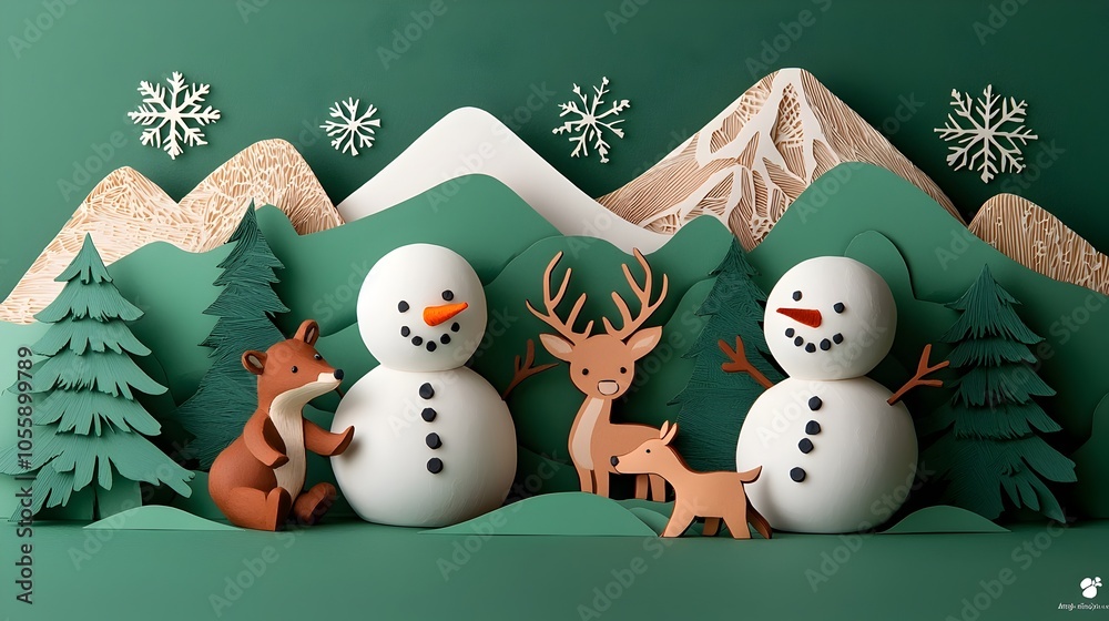 Poster Charming 3D clay snowmen and winter animals playing together in a layered paper cut winter wonderland scene with snowflakes and mountains in the background  Creative festive