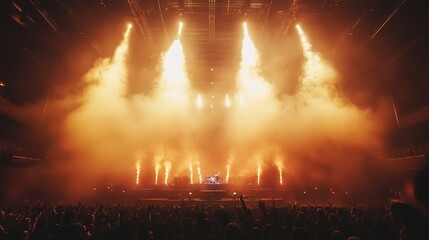 Fototapeta premium Dramatic concert stage with spotlights and laser lighting show and atmospheric smoke