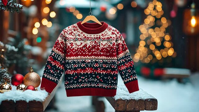 Mockup of a plain holiday sweater on a snow-covered bench, with festive lights, ornaments, and a decorated Christmas tree nearby. . Video