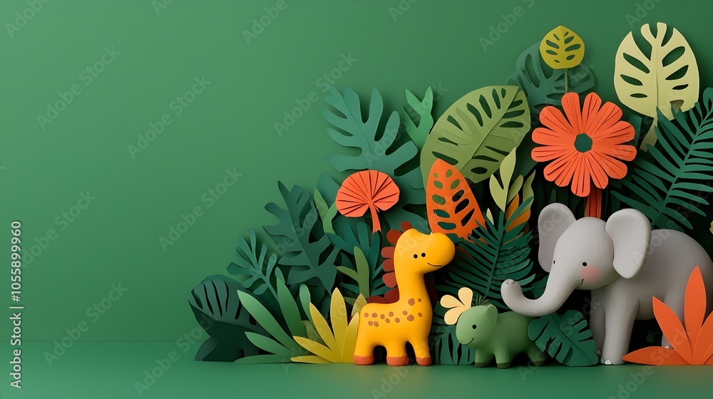 Poster playful 3d clay characters embarking on an imaginative adventure through a layered paper cut jungle 