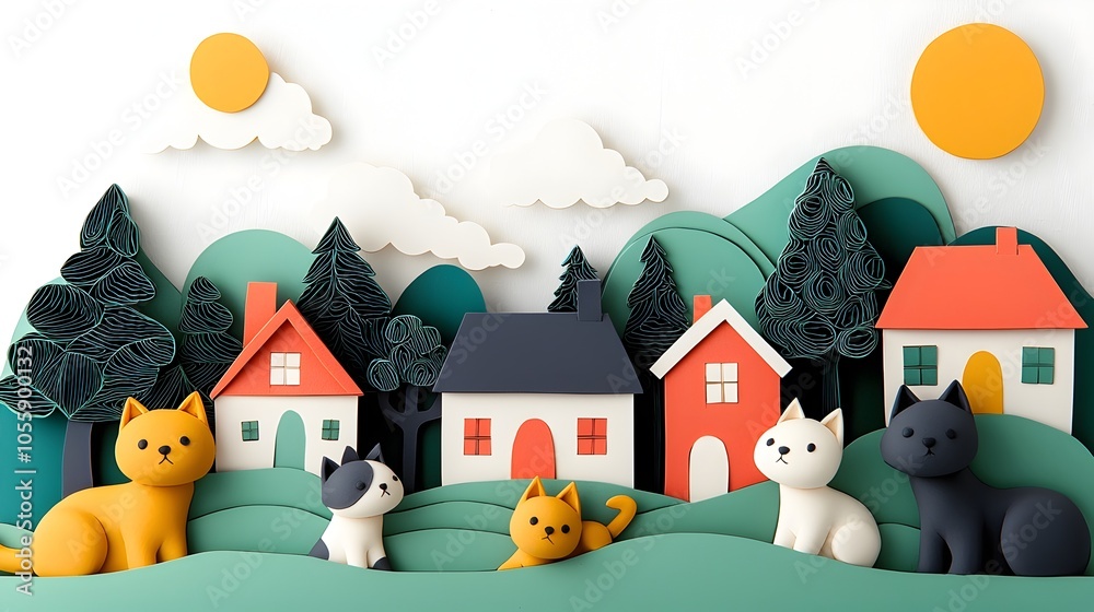 Aufkleber whimsical 3d clay cats and dogs joyfully playing in a layered paper cut neighborhood filled with cha