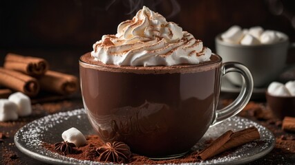 A Detailed View of a Cozy Cup of Hot Chocolate Drenched in Whipped Cream Finished with Chocolate Shavings and a Cinnamon Stick Perfect for a Winter Treat